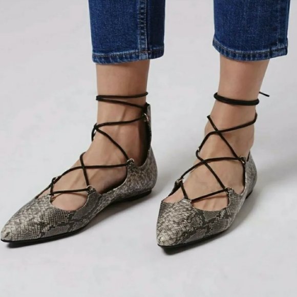 TopShop Snakeskin Ballet lace up Pointed flats size EU 39 - Picture 1 of 6